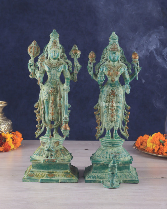 Pure Brass Standing Lord Vishnu and Goddess Lakshmi Idols 15"