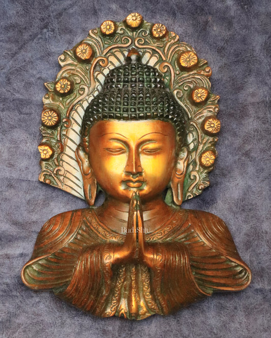 Pure Brass Big Buddha Face Namaste Wall Hanging – Vintage Dual-Tone Finish