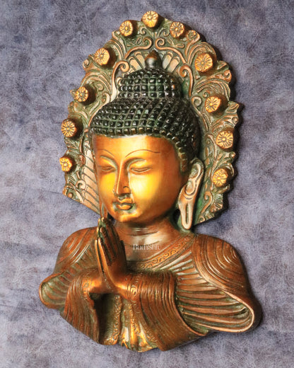 Pure Brass Big Buddha Face Namaste Wall Hanging – Vintage Dual-Tone Finish