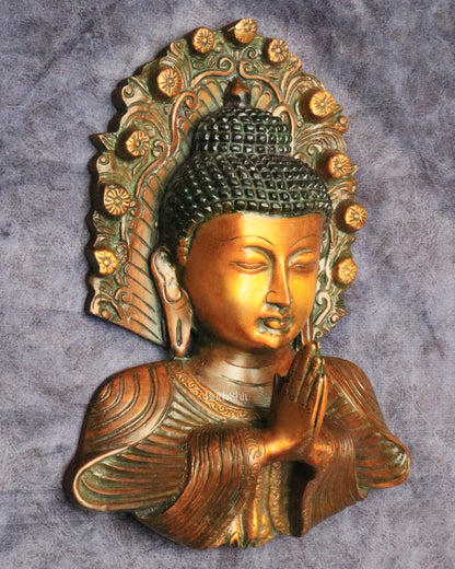 Pure Brass Big Buddha Face Namaste Wall Hanging – Vintage Dual-Tone Finish