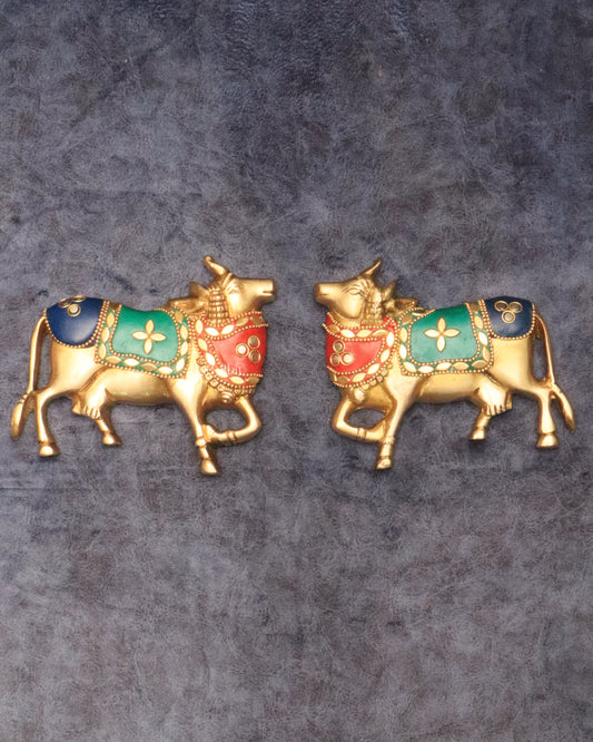 Handcrafted Pure Brass Kamdhenu Cow Wall Hanging for Pooja Room - 5" meenakari