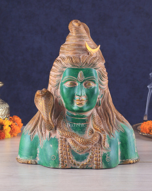 Handcrafted Lord Shiva Bust Statue - Superfine Brass 12" green sand patina