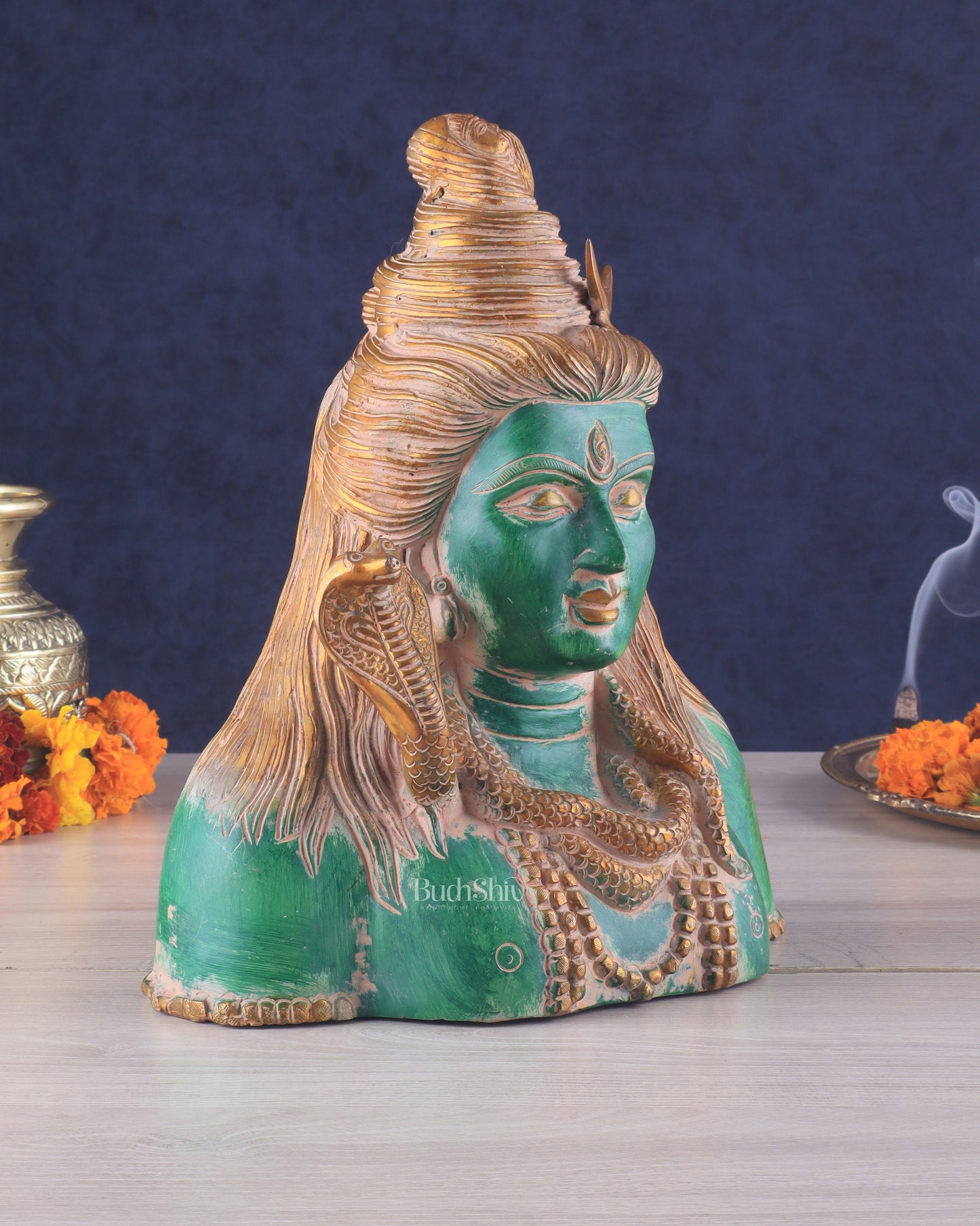 Handcrafted Lord Shiva Bust Statue - Superfine Brass 12" green sand patina