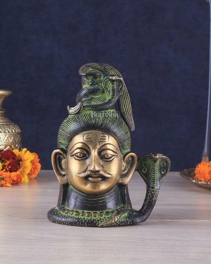 Exquisite 7-Inch Brass Lord Shiva mahakaal mukhalingam Bust Face Statue black and green tone