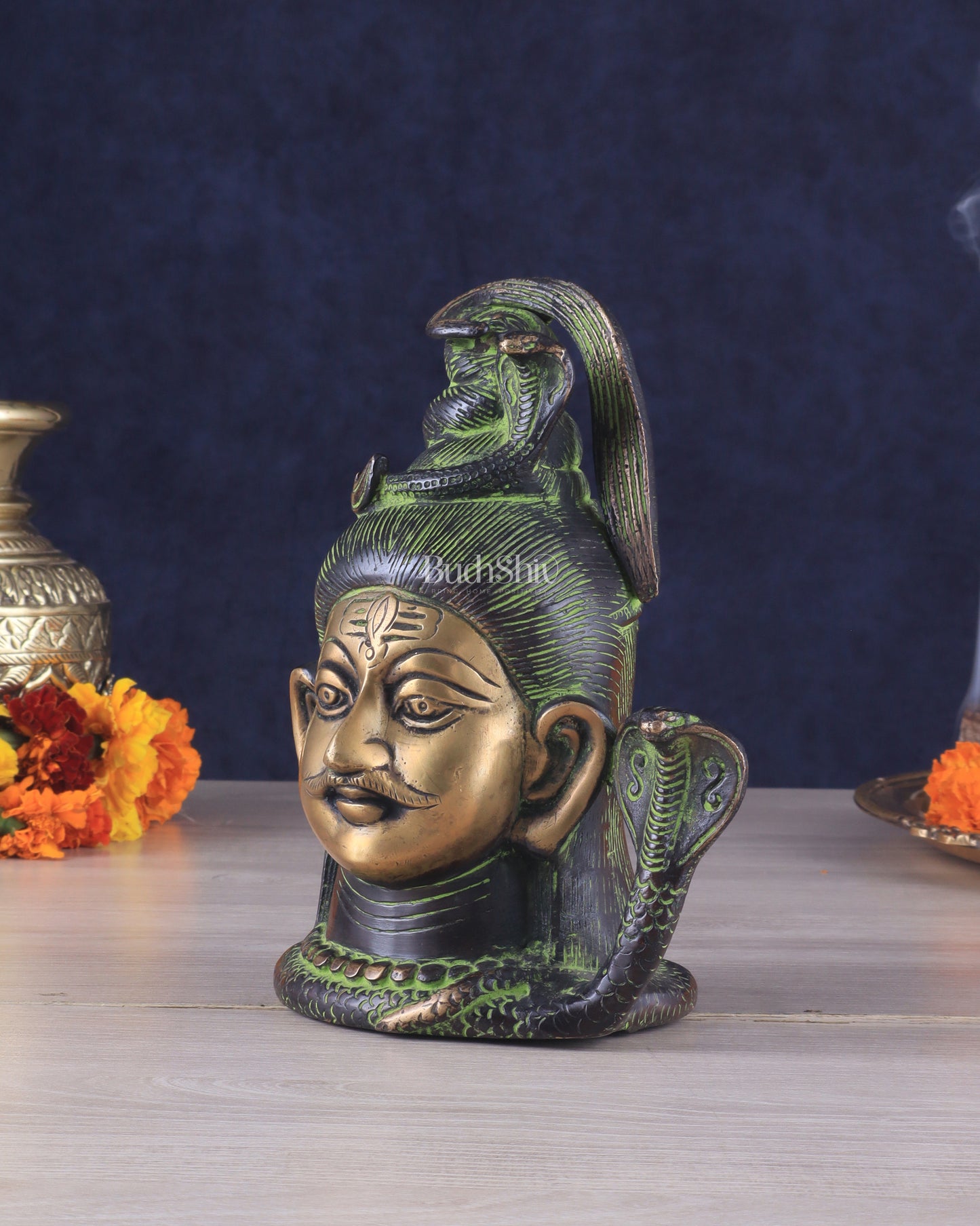 Exquisite 7-Inch Brass Lord Shiva mahakaal mukhalingam Bust Face Statue black and green tone