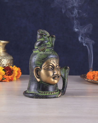 Exquisite 7-Inch Brass Lord Shiva mahakaal mukhalingam Bust Face Statue black and green tone