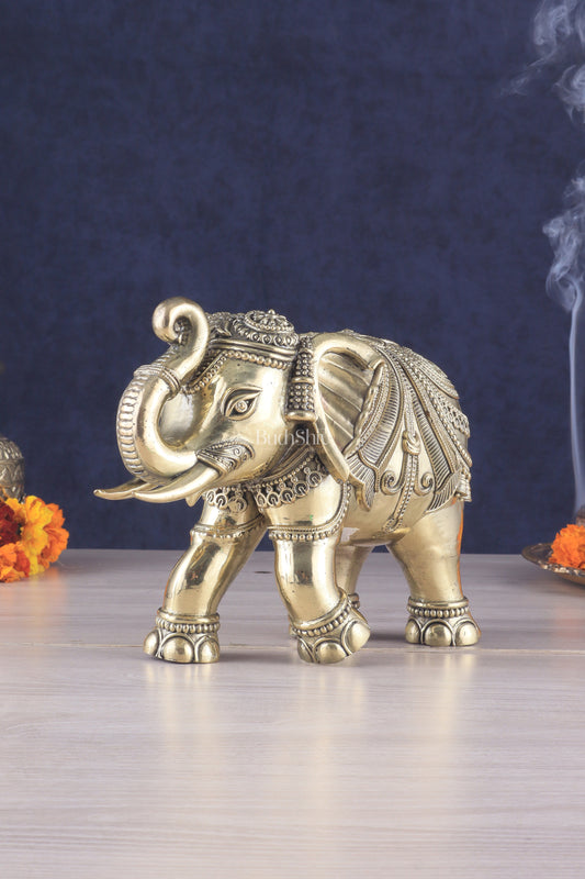 Brass Superfine Intricately Carved Elephant Statue 10" wide