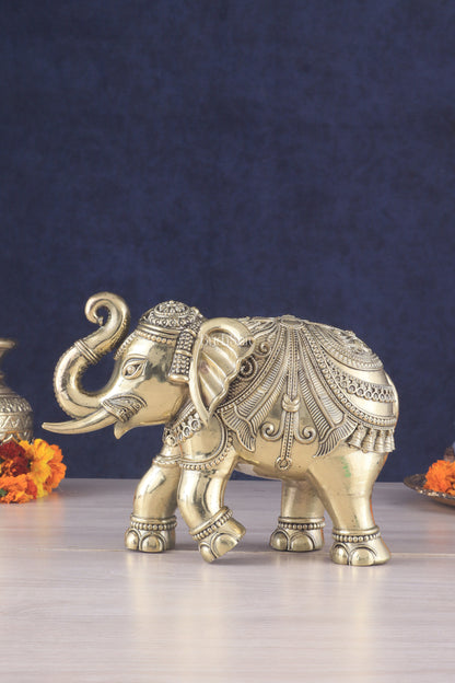 Brass Superfine Intricately Carved Elephant Statue 10" wide