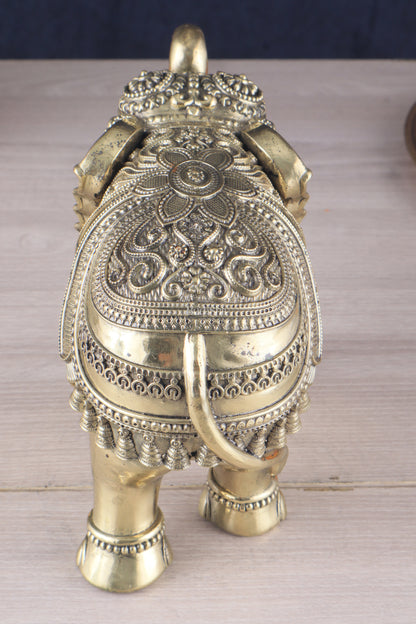 Brass Superfine Intricately Carved Elephant Statue 10" wide