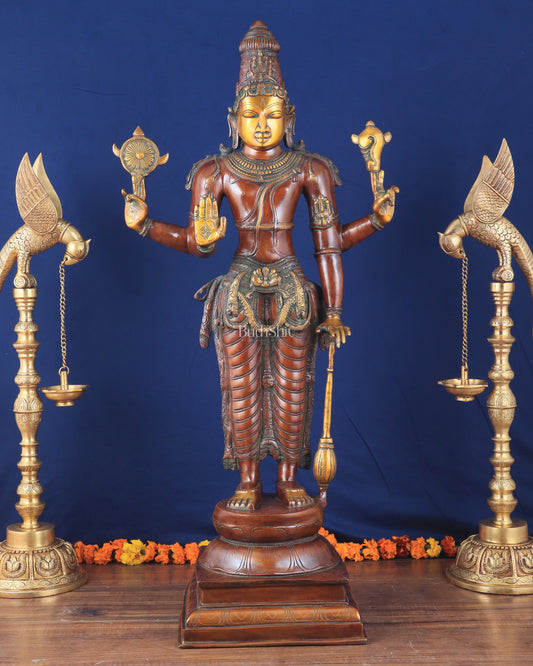 Pure Brass Large Standing Lord Vishnu Narayana Statue – Chola Dual Tone 37"