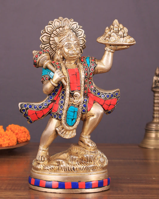 Exquisite 10-Inch Superfine Brass Idol of Lord Hanuman with Sanjeevani Mountain