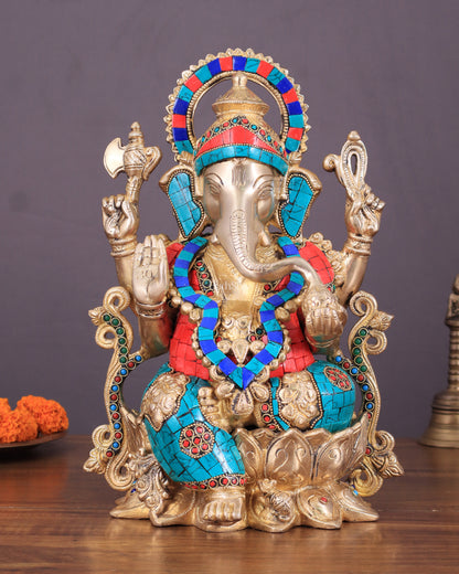 Handcrafted Brass Ganesha Idol with Meenakari Stonework - 12"