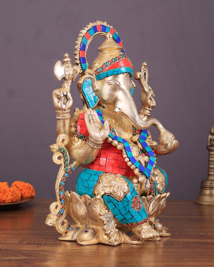 Handcrafted Brass Ganesha Idol with Meenakari Stonework - 12"