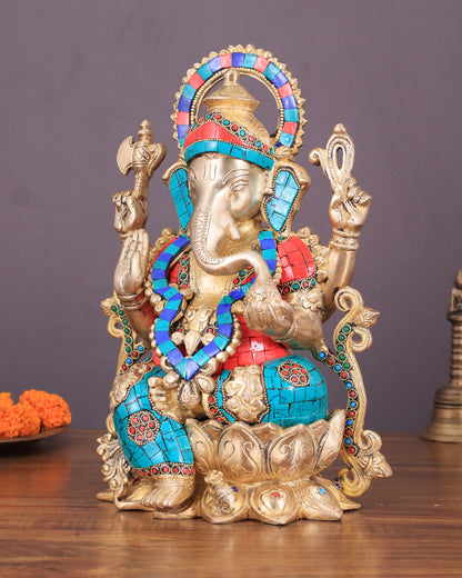 Handcrafted Brass Ganesha Idol with Meenakari Stonework - 12"