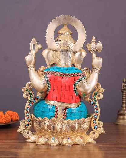 Handcrafted Brass Ganesha Idol with Meenakari Stonework - 12"