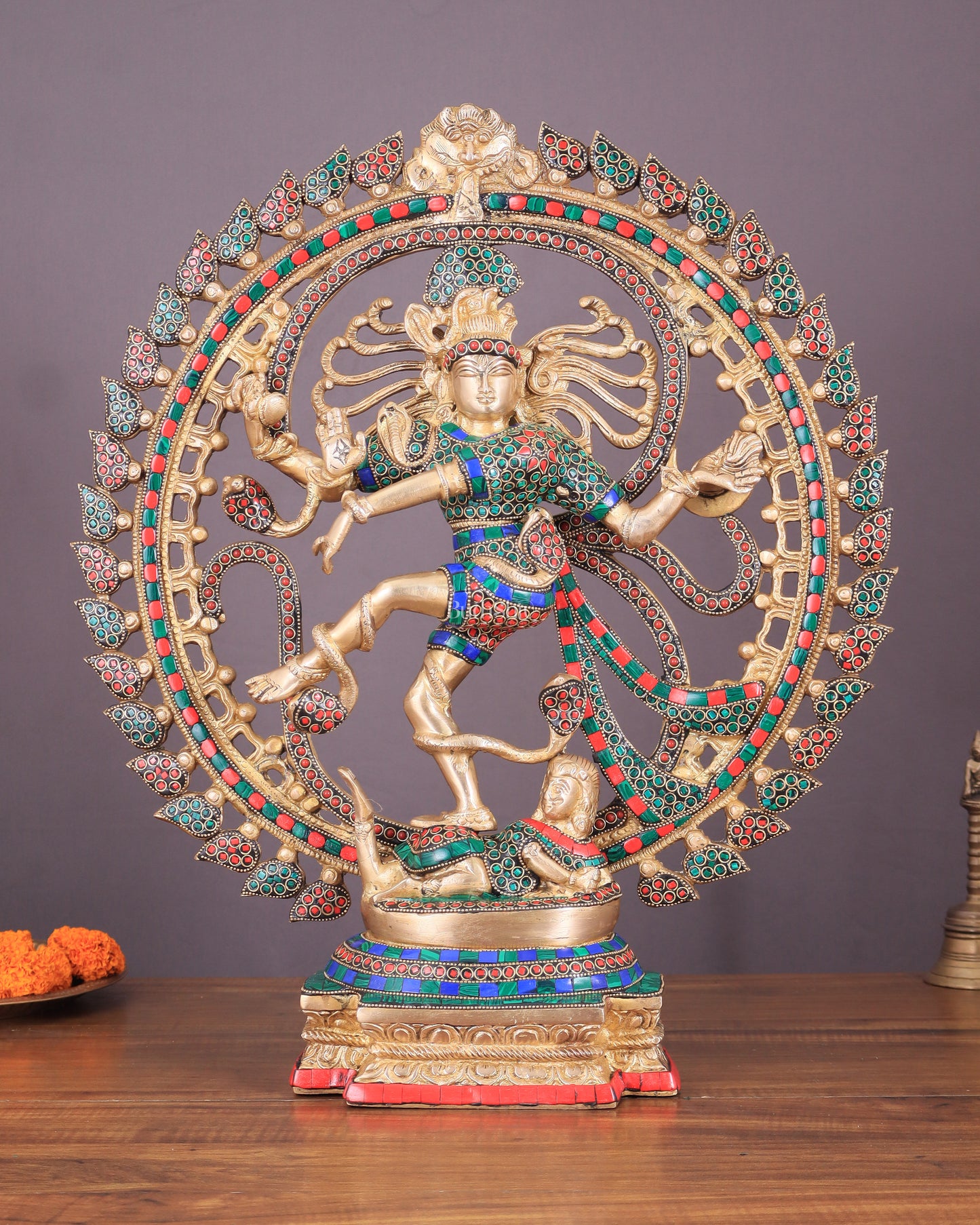 Handcrafted Fine Brass Nataraja Statue with Stonework - 20.5" Height