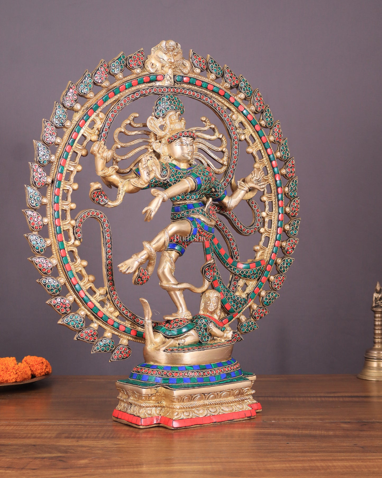 Handcrafted Fine Brass Nataraja Statue with Stonework - 20.5" Height