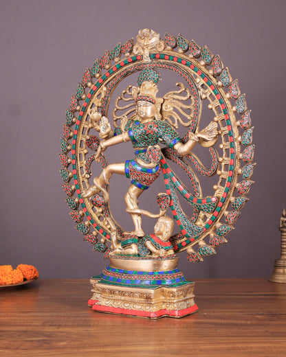 Handcrafted Fine Brass Nataraja Statue with Stonework - 20.5" Height