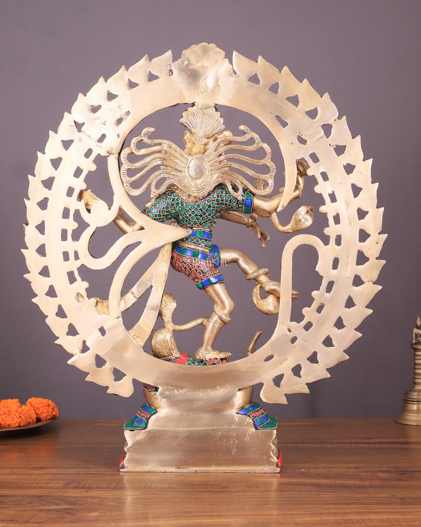 Handcrafted Fine Brass Nataraja Statue with Stonework - 20.5" Height