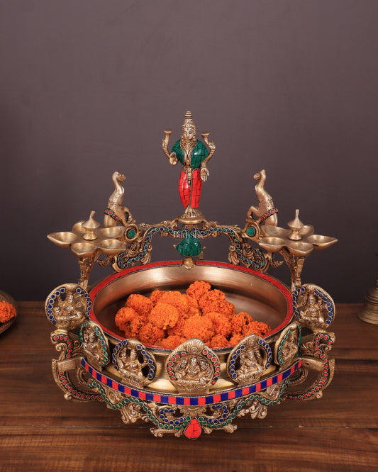 Handcrafted Ashtalakshmi Brass Urli with Diyas | Height: 16 Inch with stonework