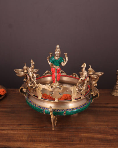 Handcrafted Ashtalakshmi Brass Urli with Diyas | Height: 16 Inch with stonework