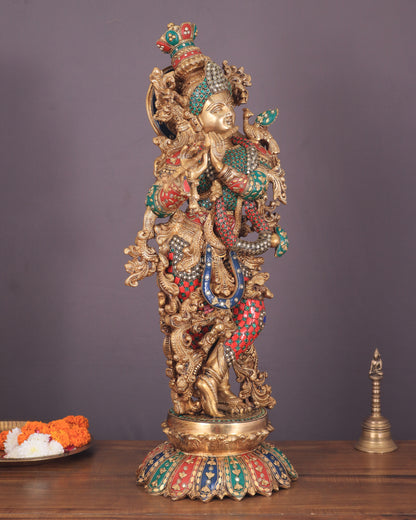 Krishna Statue with Lotus Base brass idol | 27 Inch | meenakari