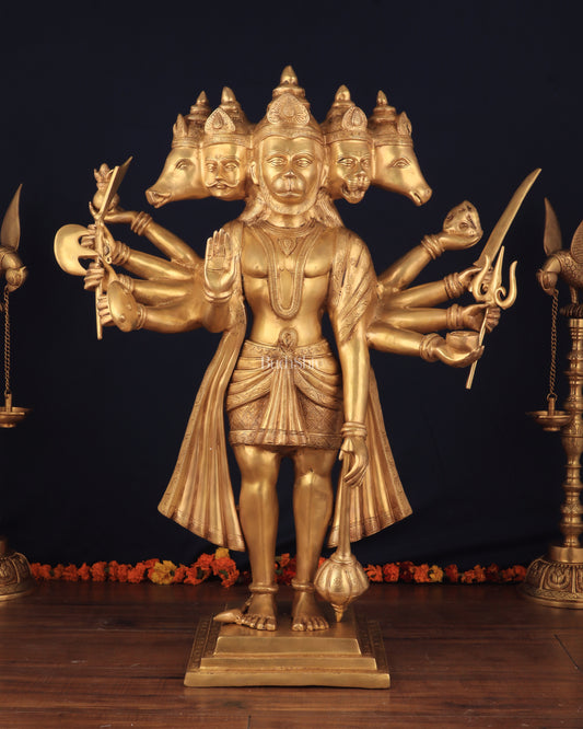 Brass Large-Sized Standing Panchmukhi Hanuman Sculpture 42"