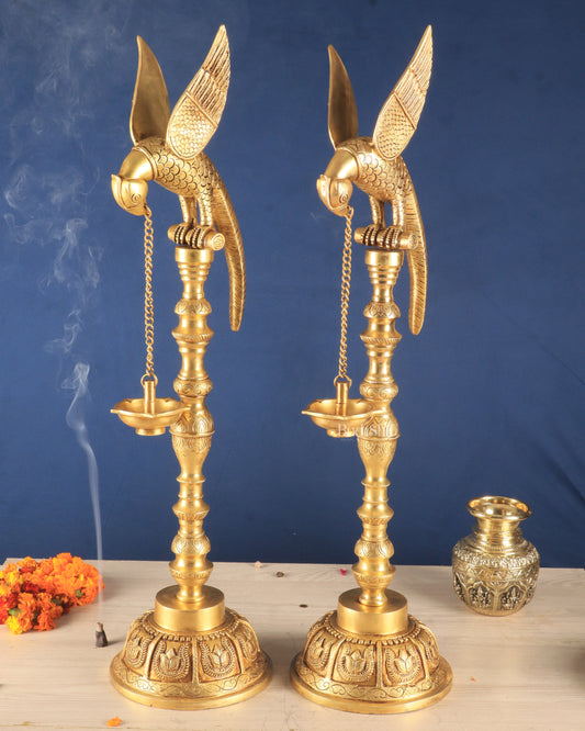 Handcrafted Pure Brass Superfine Large Parrot Lamp Vilakku (Pair)