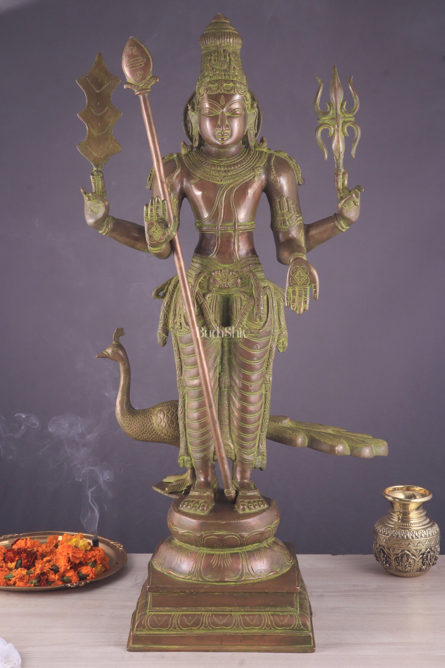 Vintage Brass Lord Kartikeya Murugan Kumarswamy Large Statue – Bronze Tone 37"