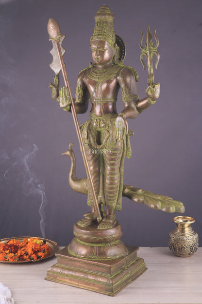 Vintage Brass Lord Kartikeya Murugan Kumarswamy Large Statue – Bronze Tone 37"