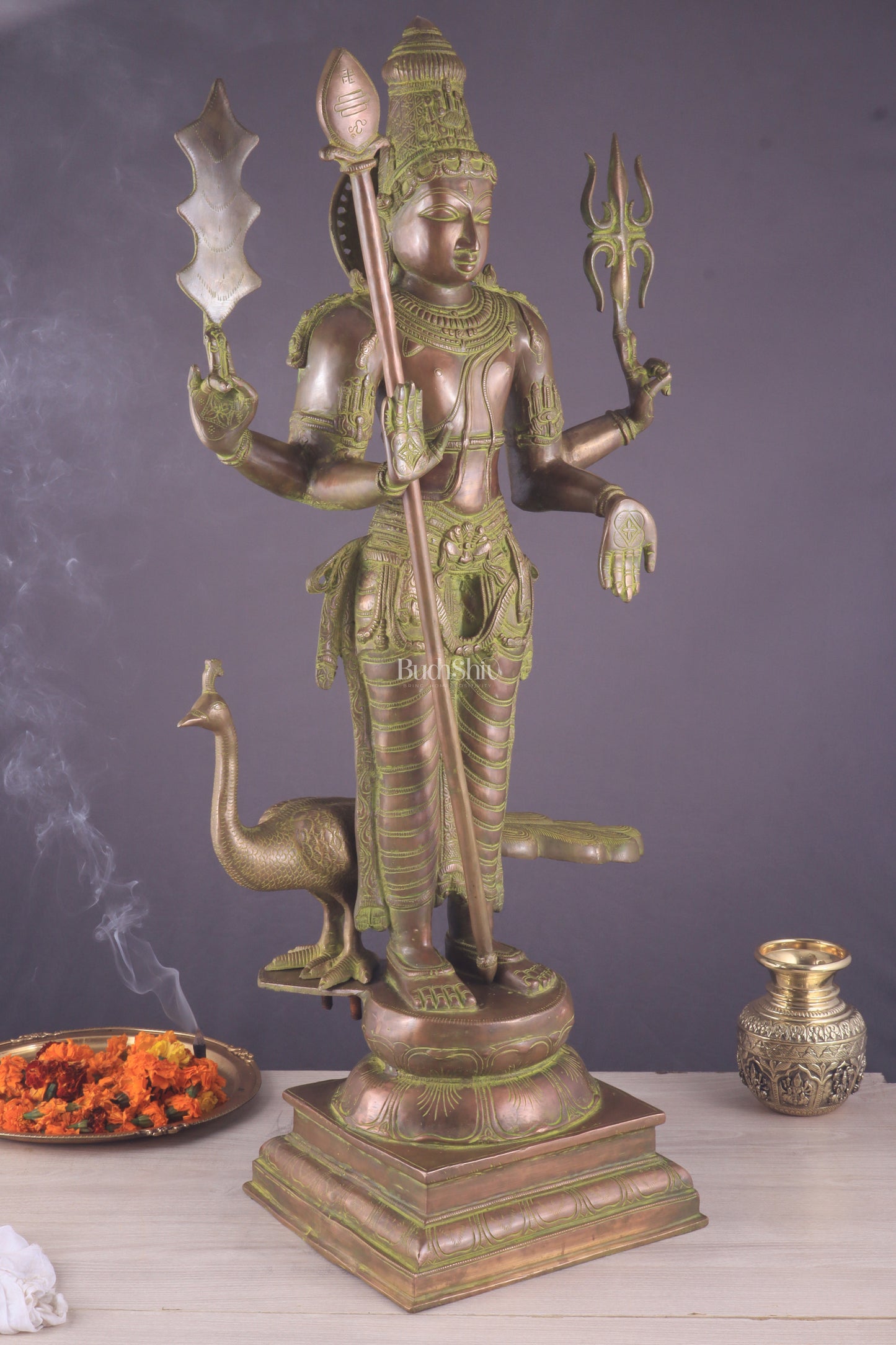 Vintage Brass Lord Kartikeya Murugan Kumarswamy Large Statue – Bronze Tone 37"