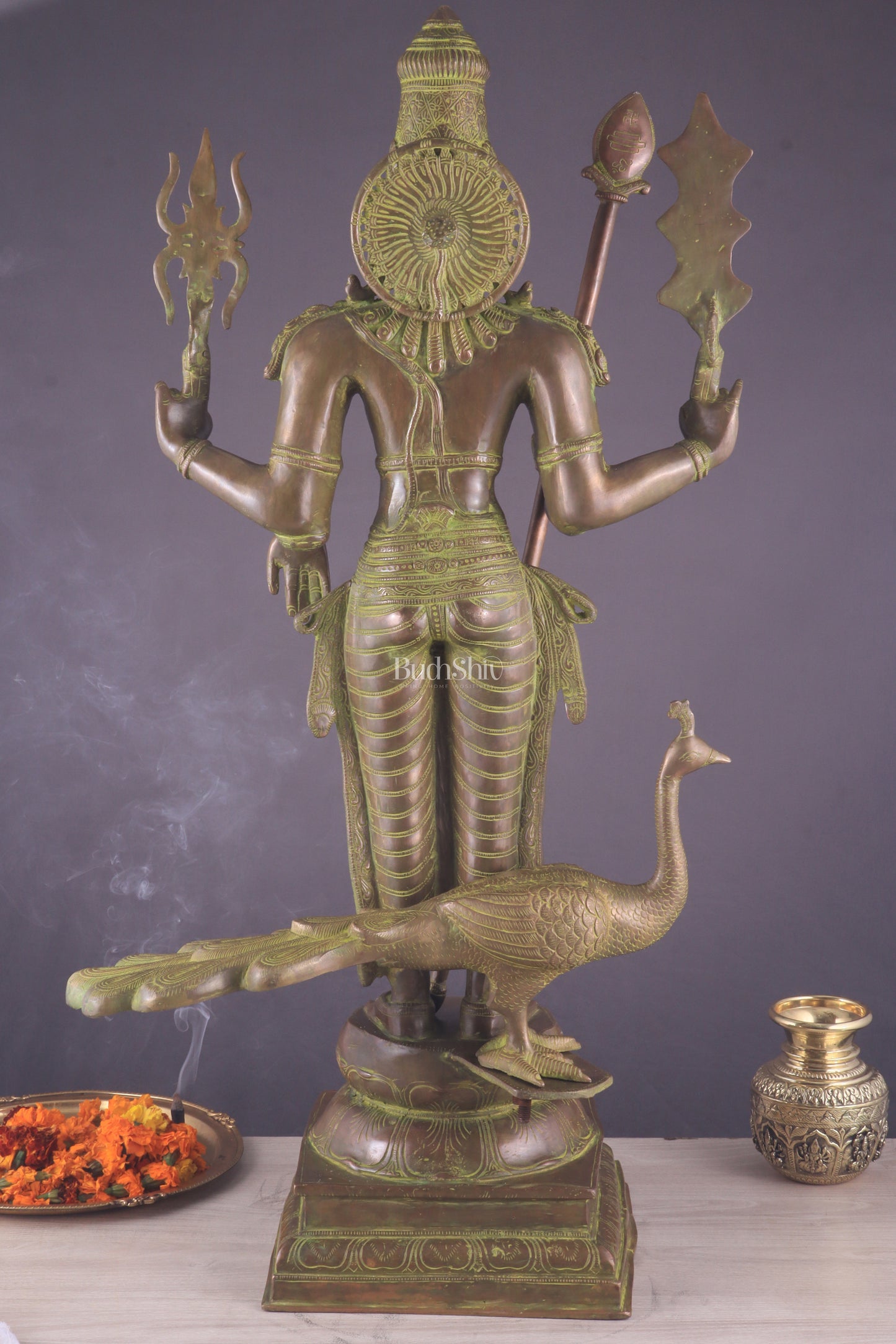 Vintage Brass Lord Kartikeya Murugan Kumarswamy Large Statue – Bronze Tone 37"