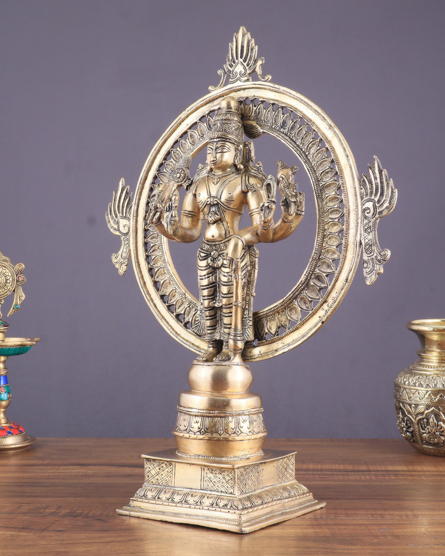 Superfine Brass Lord Vishnu Statue with Sudarshan Chakra Aura - 16.5 Inch