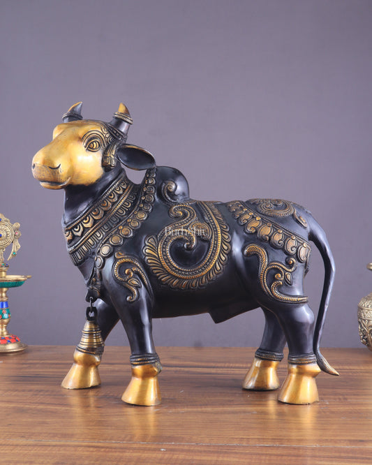 Pure Brass Large Standing Nandi Fully Engraved Sculpture  14" black edition