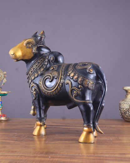 Pure Brass Large Standing Nandi Fully Engraved Sculpture  14" black edition