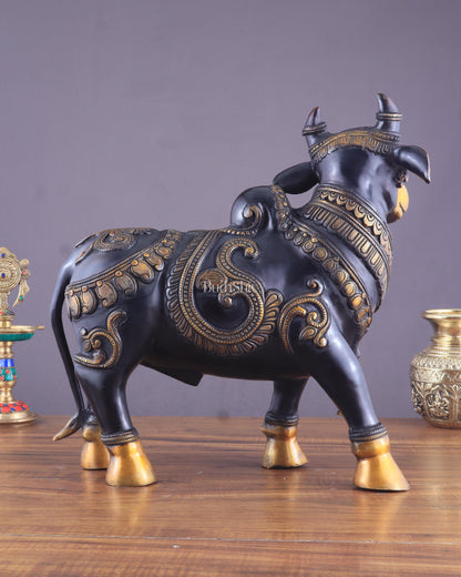 Pure Brass Large Standing Nandi Fully Engraved Sculpture  14" black edition