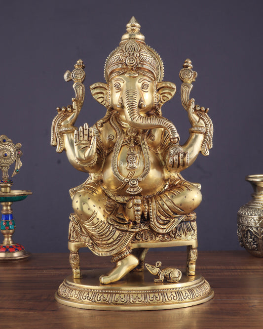 Brass Superfine Lord Ganesha Statue with Advanced Carvings - 15.5"