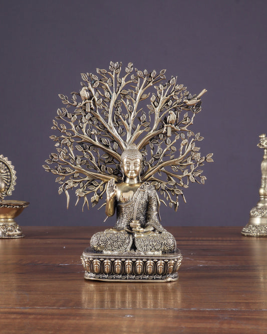 Intricate Superfine Brass Lord Buddha with Bodhi Tree Idol 6.5"