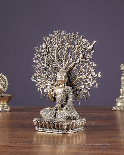 Intricate Superfine Brass Lord Buddha with Bodhi Tree Idol 6.5"