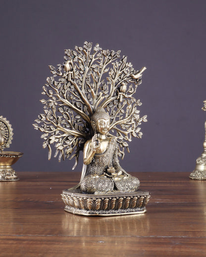 Intricate Superfine Brass Lord Buddha with Bodhi Tree Idol 6.5"