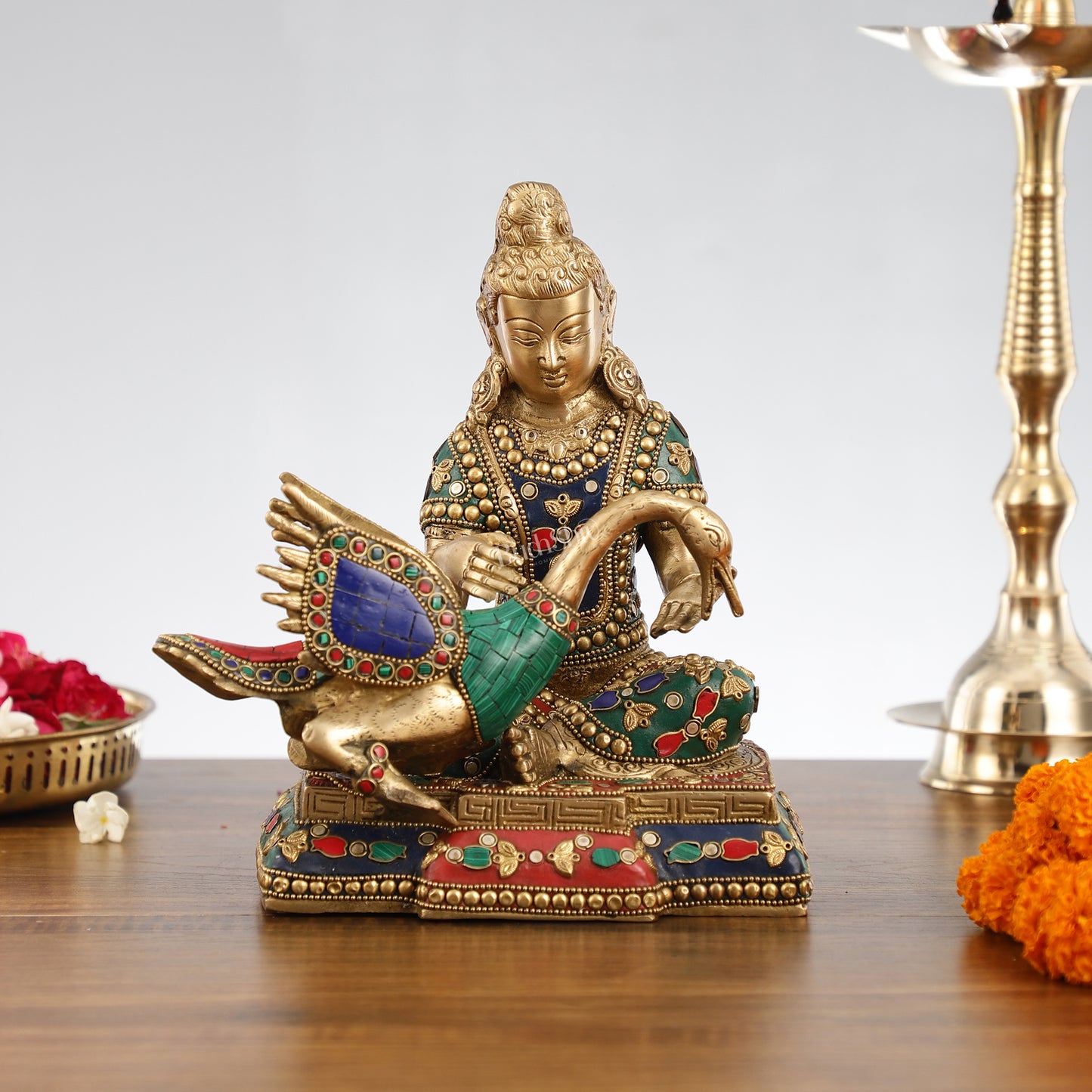 Brass Buddha Healing the Swan Statue | Meenakari Art | 9" Height