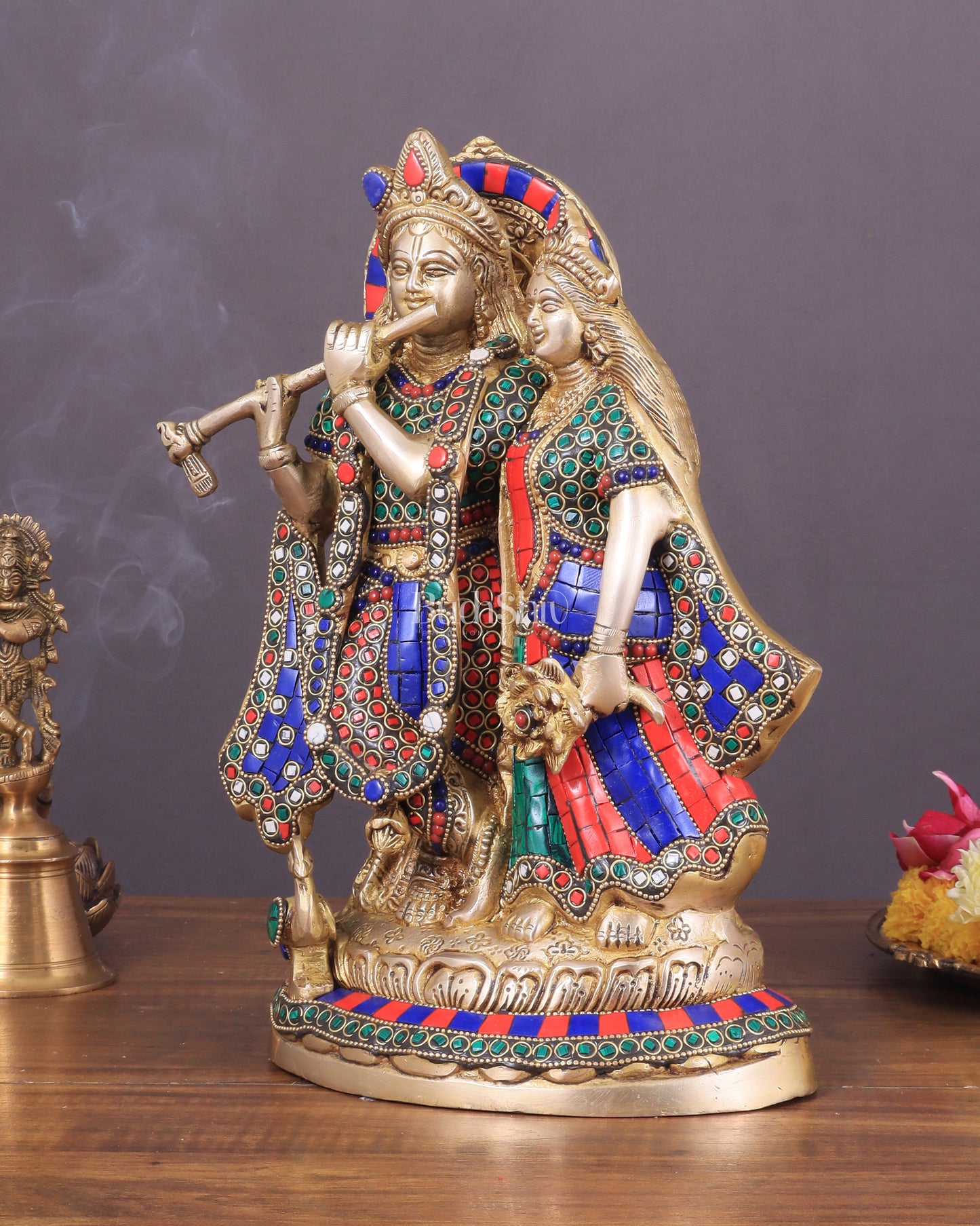 Brass Superfine Radha Krishna together idol - 12 inches with stonework