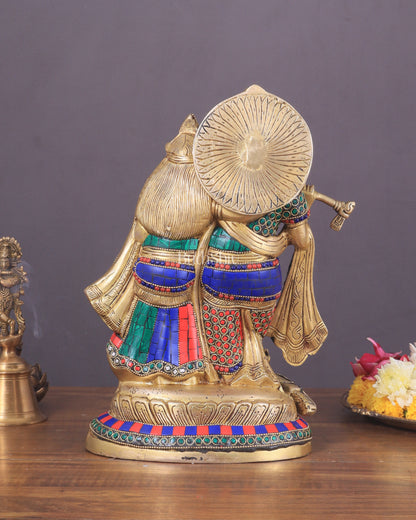 Brass Superfine Radha Krishna together idol - 12 inches with stonework