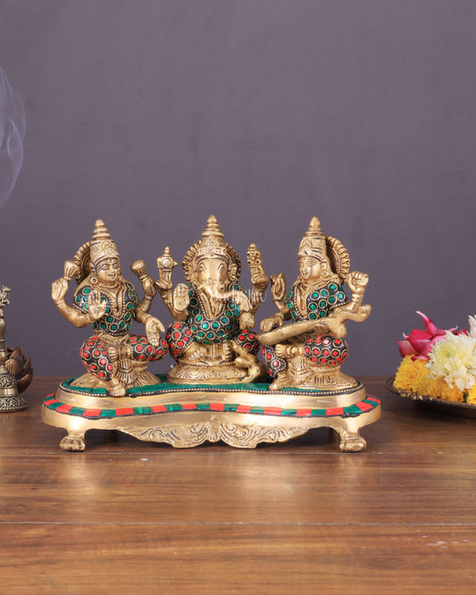 Ganesha Lakshmi Saraswati Brass Idols with meenakari stonework 6.5"