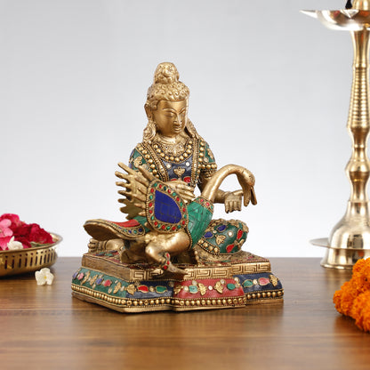 Brass Buddha Healing the Swan Statue | Meenakari Art | 9" Height