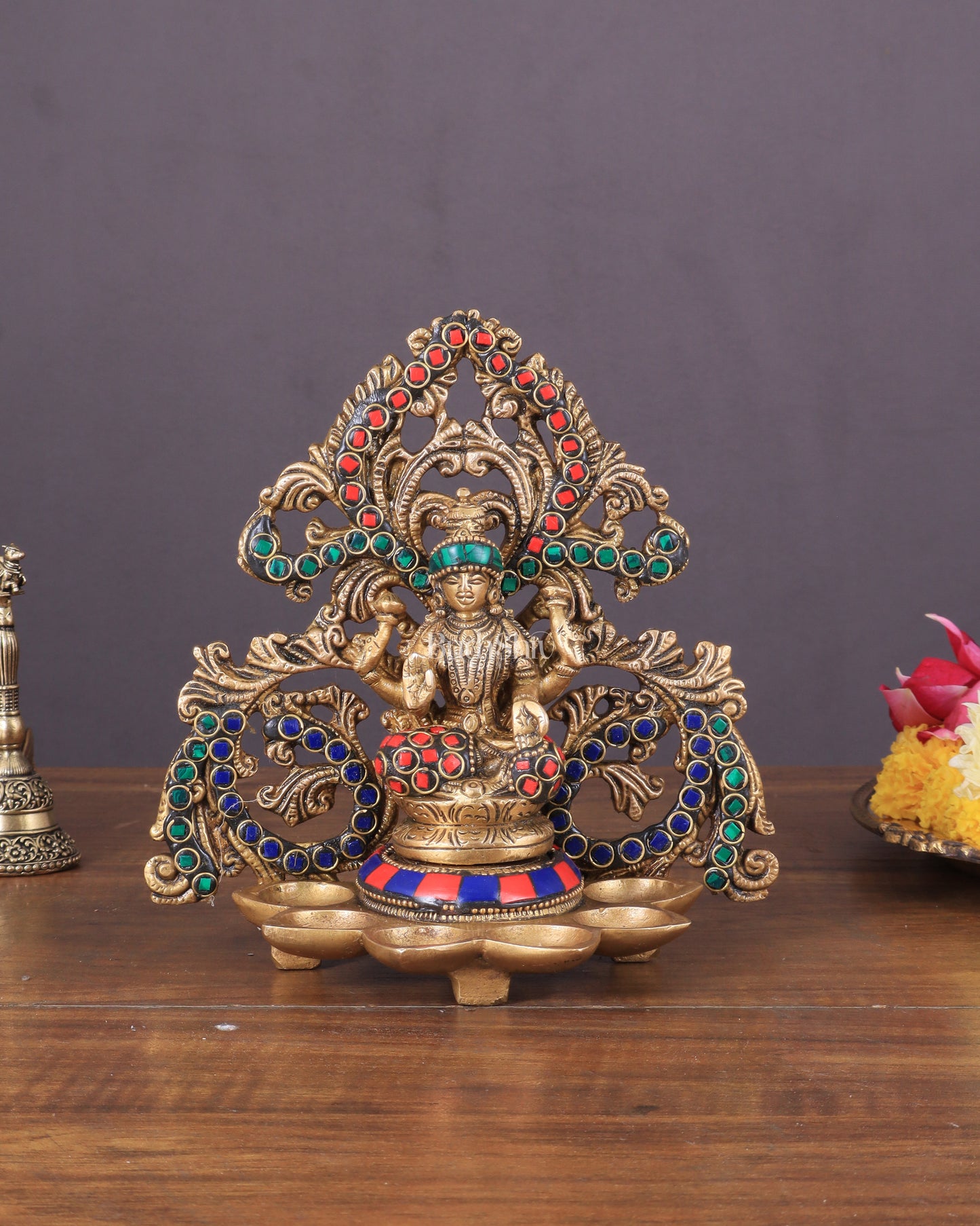 Brass Lord Ganesha and Goddess Lakshmi Panchdeep with stonework