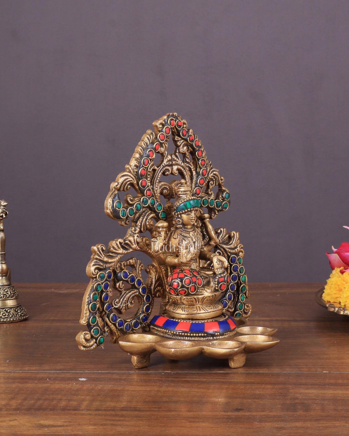 Brass Lord Ganesha and Goddess Lakshmi Panchdeep with stonework