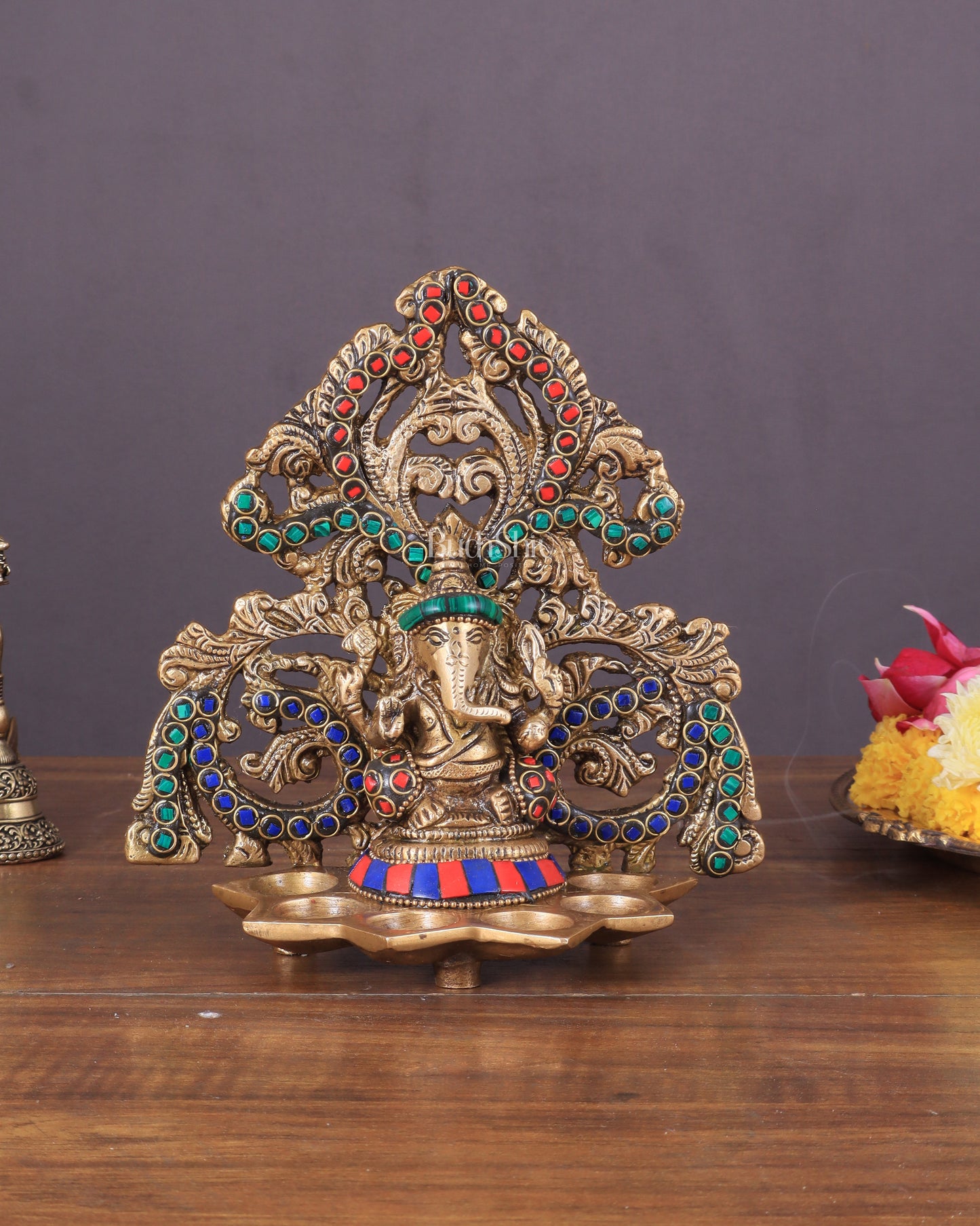 Brass Lord Ganesha and Goddess Lakshmi Panchdeep with stonework