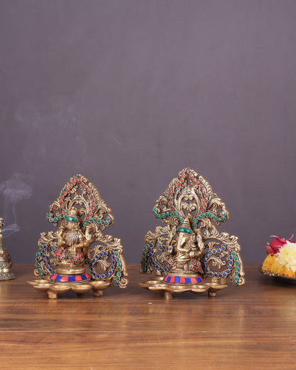 Brass Lord Ganesha and Goddess Lakshmi Panchdeep with stonework