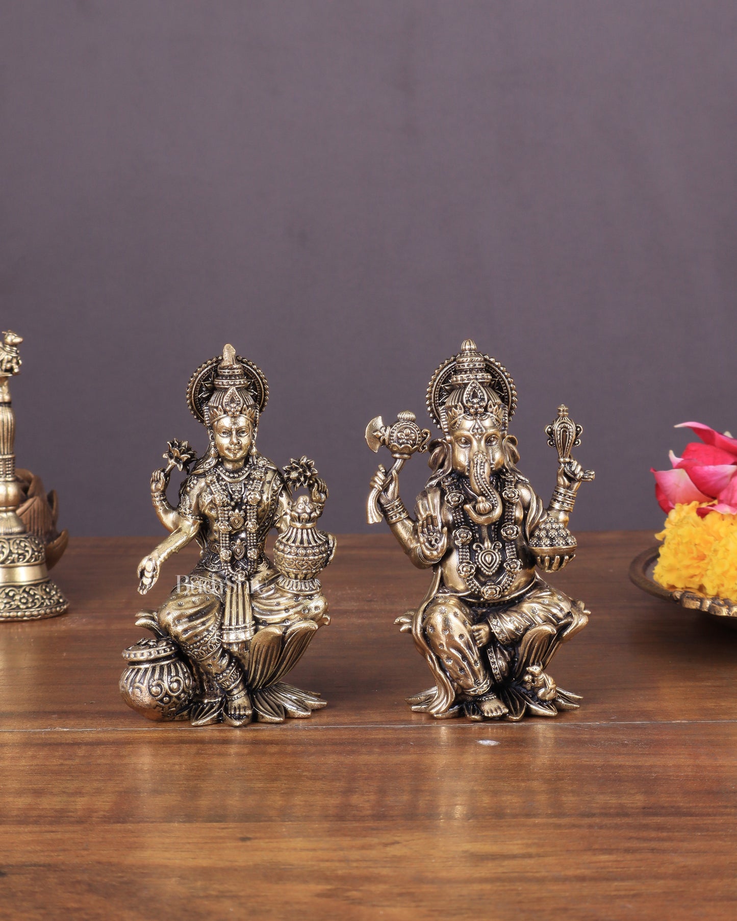 Brass Ganesha and Lakshmi Idol Pair Seated on Lotus 4"